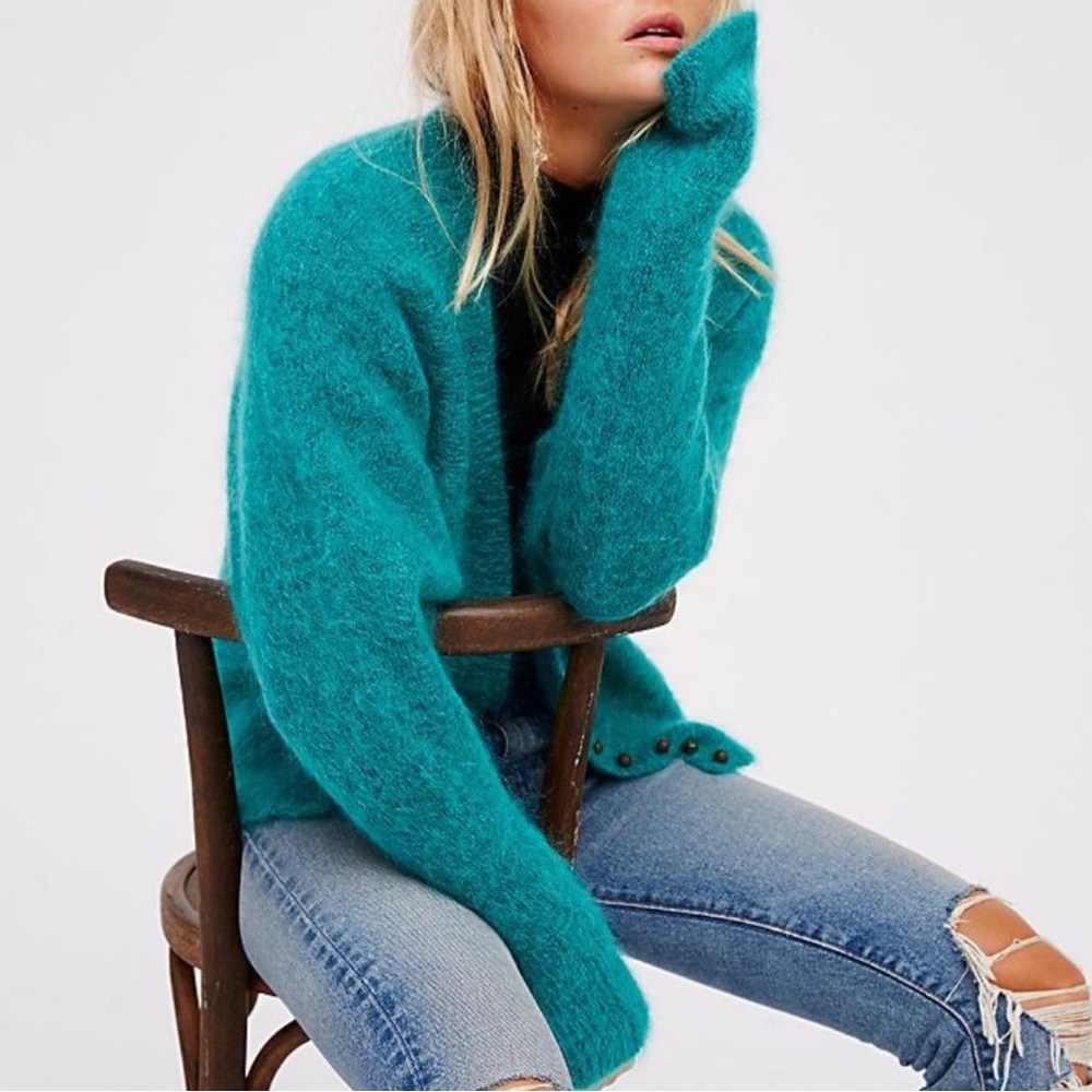 Free People Little Lies Boyfriend Mohair Turquoise Cardigan